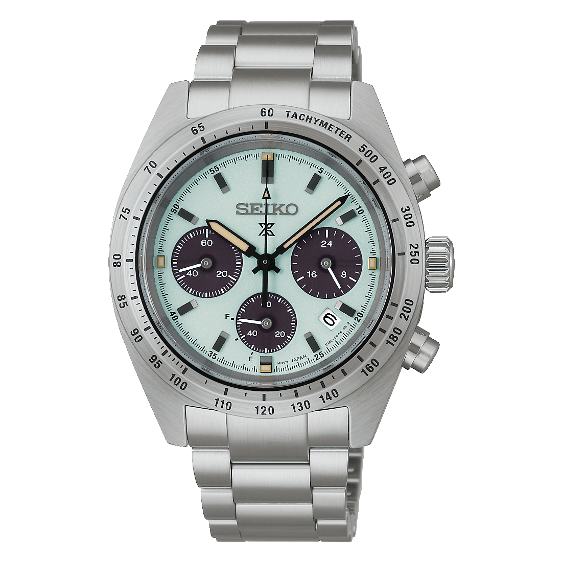 Seiko SSC965 Prospex Speedtimer solar chronograph watch with light-toned sandblasted dial, contrasting subdials, tachymeter bezel, stainless steel bracelet, and 39mm case.