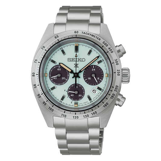 Seiko SSC965 Prospex Speedtimer solar chronograph watch with light-toned sandblasted dial, contrasting subdials, tachymeter bezel, stainless steel bracelet, and 39mm case.