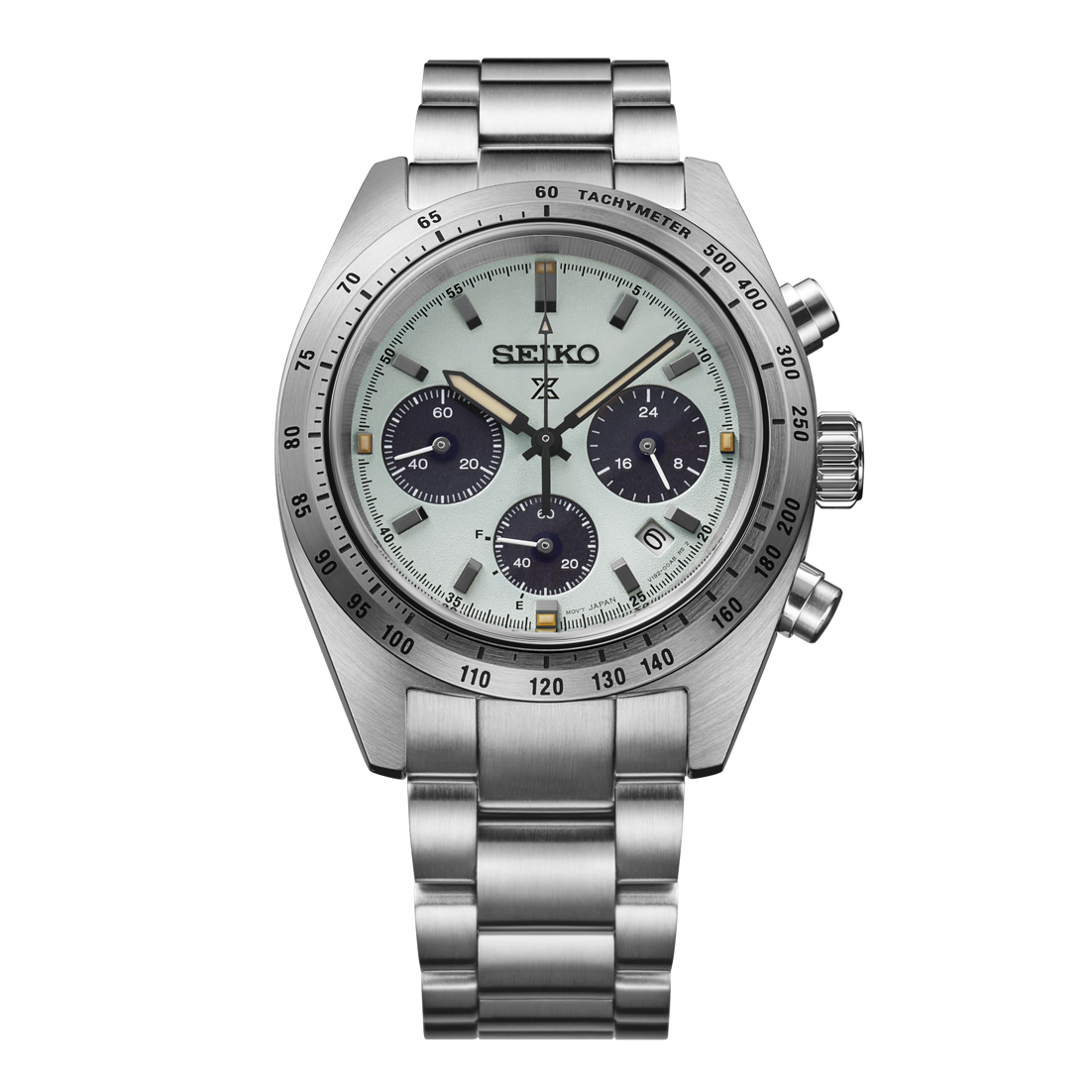 Silver Seiko watch with a detailed face on a white background