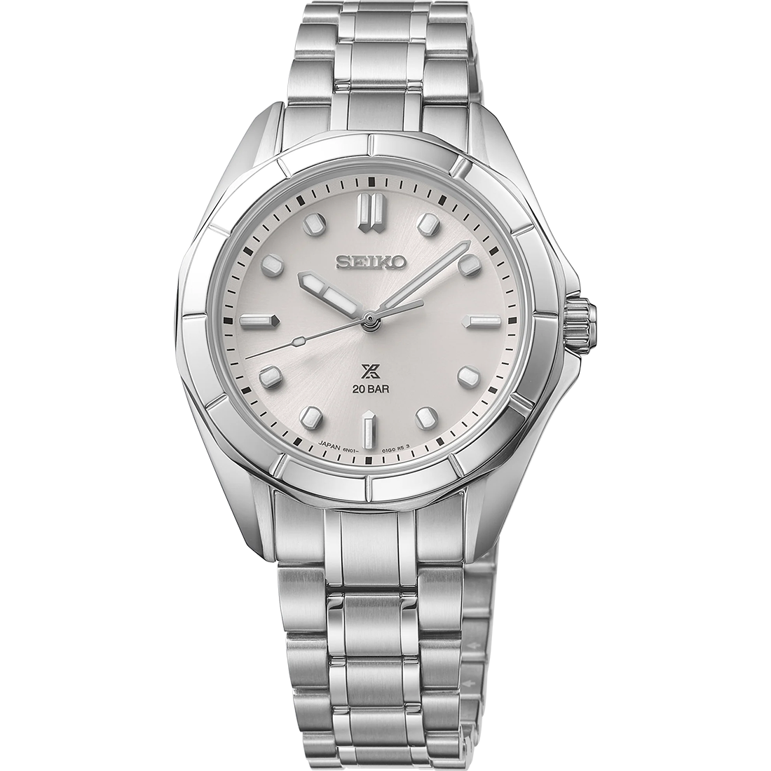 Seiko Prospex Sea Series SUR595 women’s dive watch with 34 mm stainless steel case and bracelet, light silver sunray dial, curved sapphire crystal with inner anti-reflective coating, LumiBrite hands and markers, crown protector, screwdown caseback, and 200 m water resistance. Powered by quartz Caliber 6N22 for precision and durability.