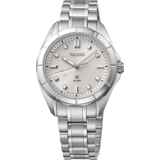 Seiko Prospex Sea Series SUR595 women’s dive watch with 34 mm stainless steel case and bracelet, light silver sunray dial, curved sapphire crystal with inner anti-reflective coating, LumiBrite hands and markers, crown protector, screwdown caseback, and 200 m water resistance. Powered by quartz Caliber 6N22 for precision and durability.