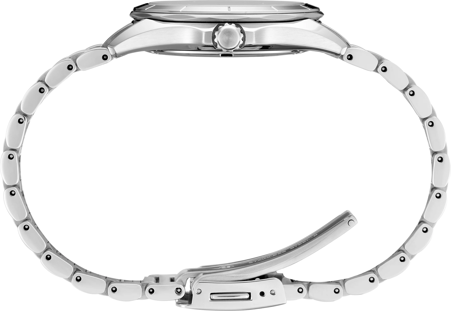 Silver watch with a detailed band on a white background