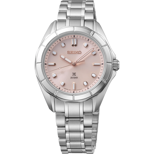 Seiko Prospex Sea Series SUR597 women’s dive watch with 34 mm stainless steel case and bracelet, pale pink sunray dial, rose gold-tone indices, curved sapphire crystal with anti-reflective coating, LumiBrite hands, screwdown crown, and 200 m water resistance. Powered by quartz Caliber 6N22 for reliable precision.