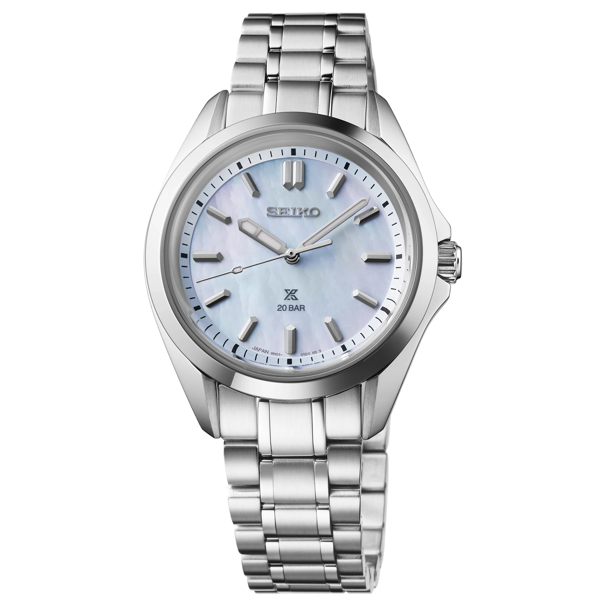 SEIKO Prospex SUR607 Sea Series – 34mm stainless steel case, light blue mother-of-pearl dial, curved sapphire crystal, quartz movement, and 200m water resistance.