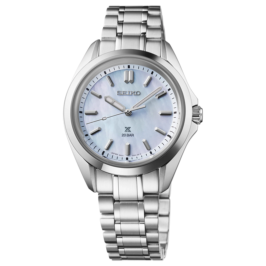 SEIKO Prospex SUR607 Sea Series – 34mm stainless steel case, light blue mother-of-pearl dial, curved sapphire crystal, quartz movement, and 200m water resistance.