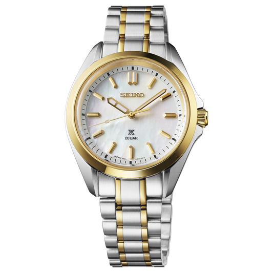 SEIKO Prospex SUR608 Sea Series – 34mm two-tone stainless steel case and bracelet, white mother-of-pearl dial with gold accents, curved sapphire crystal, quartz movement, and 200m water resistance.