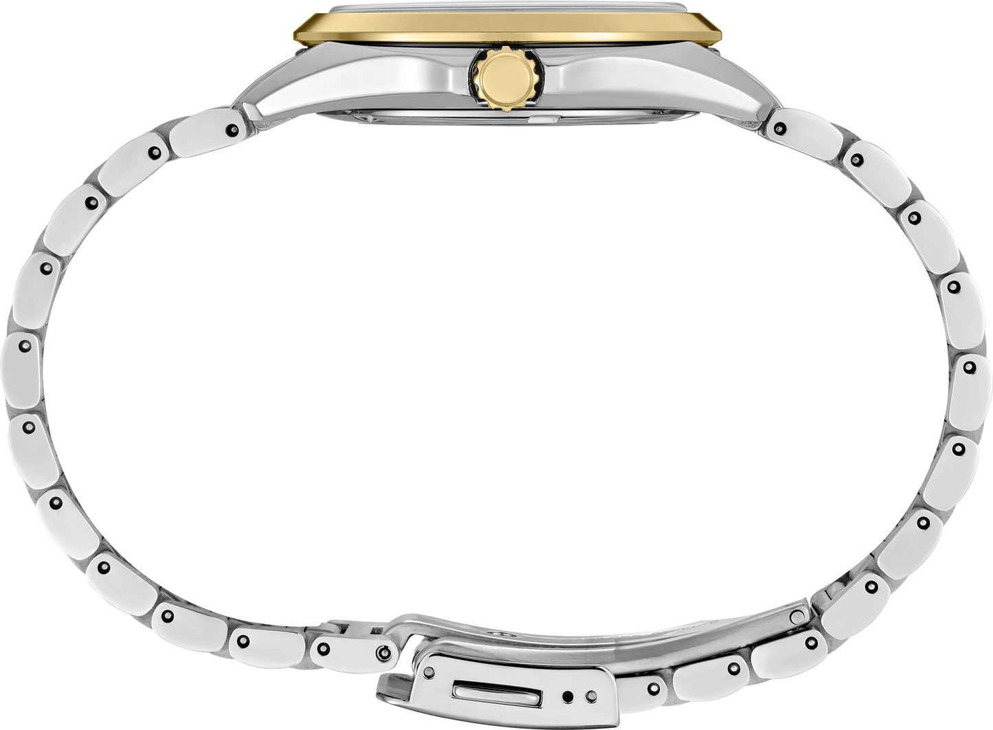 SEIKO Prospex SUR608 Sea Series – 34mm two-tone stainless steel case and bracelet, white mother-of-pearl dial with gold accents, curved sapphire crystal, quartz movement, and 200m water resistance.