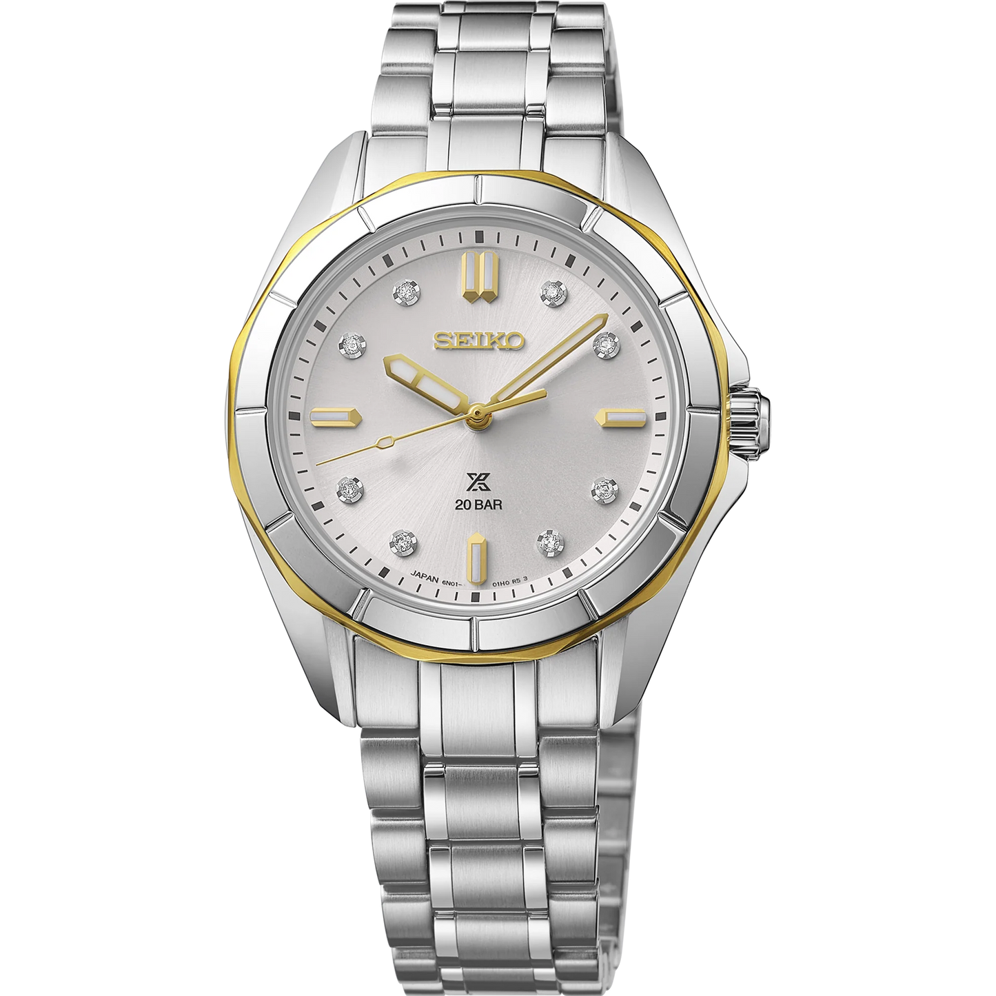 Seiko Prospex Sea Series SUR618 women’s two-tone stainless steel watch featuring a light silver sunray dial with eight diamond hour markers, gold accents, curved sapphire crystal with inner anti-reflective coating, LumiBrite hands, screwdown caseback, crown protector, and 200 m water resistance. Powered by quartz Caliber 6N22