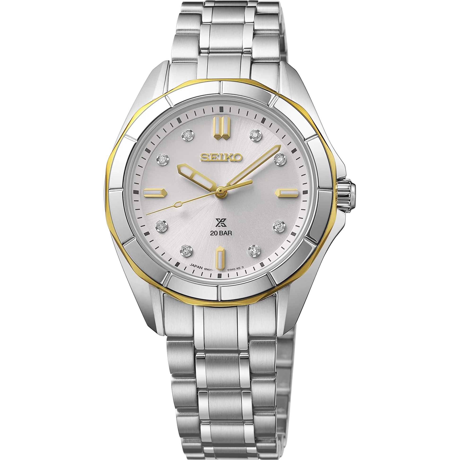 Seiko Prospex Sea Series SUR618 women’s two-tone stainless steel watch featuring a light silver sunray dial with eight diamond hour markers, gold accents, curved sapphire crystal with inner anti-reflective coating, LumiBrite hands, screwdown caseback, crown protector, and 200 m water resistance. Powered by quartz Caliber 6N22
