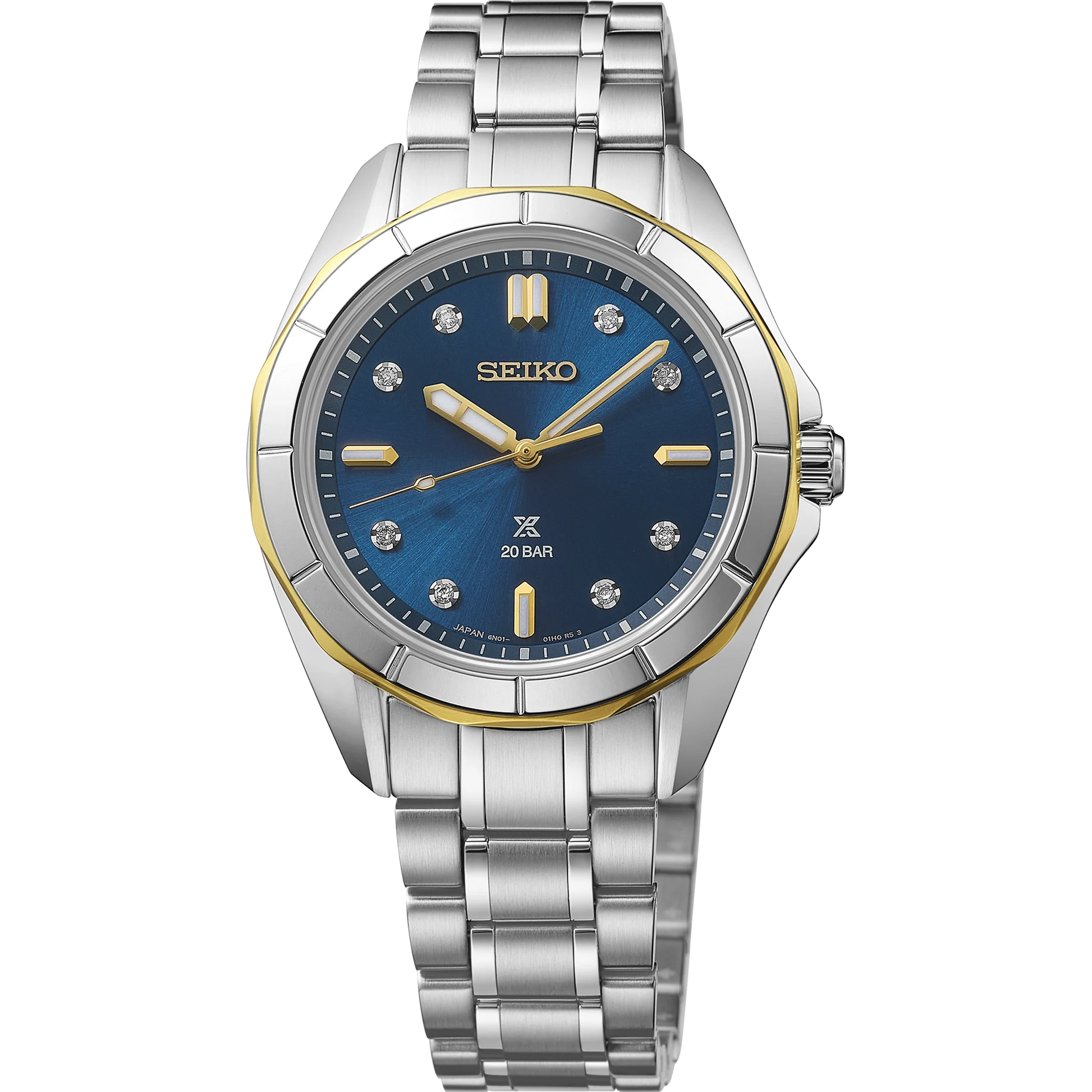 Seiko Prospex Sea Series SUR620 women’s two-tone stainless steel dive watch with deep blue sunray dial, eight diamond hour markers, gold accents, curved sapphire crystal with inner anti-reflective coating, LumiBrite hands, screwdown caseback, crown protector, and 200 m water resistance. Powered by quartz Caliber 6N22.