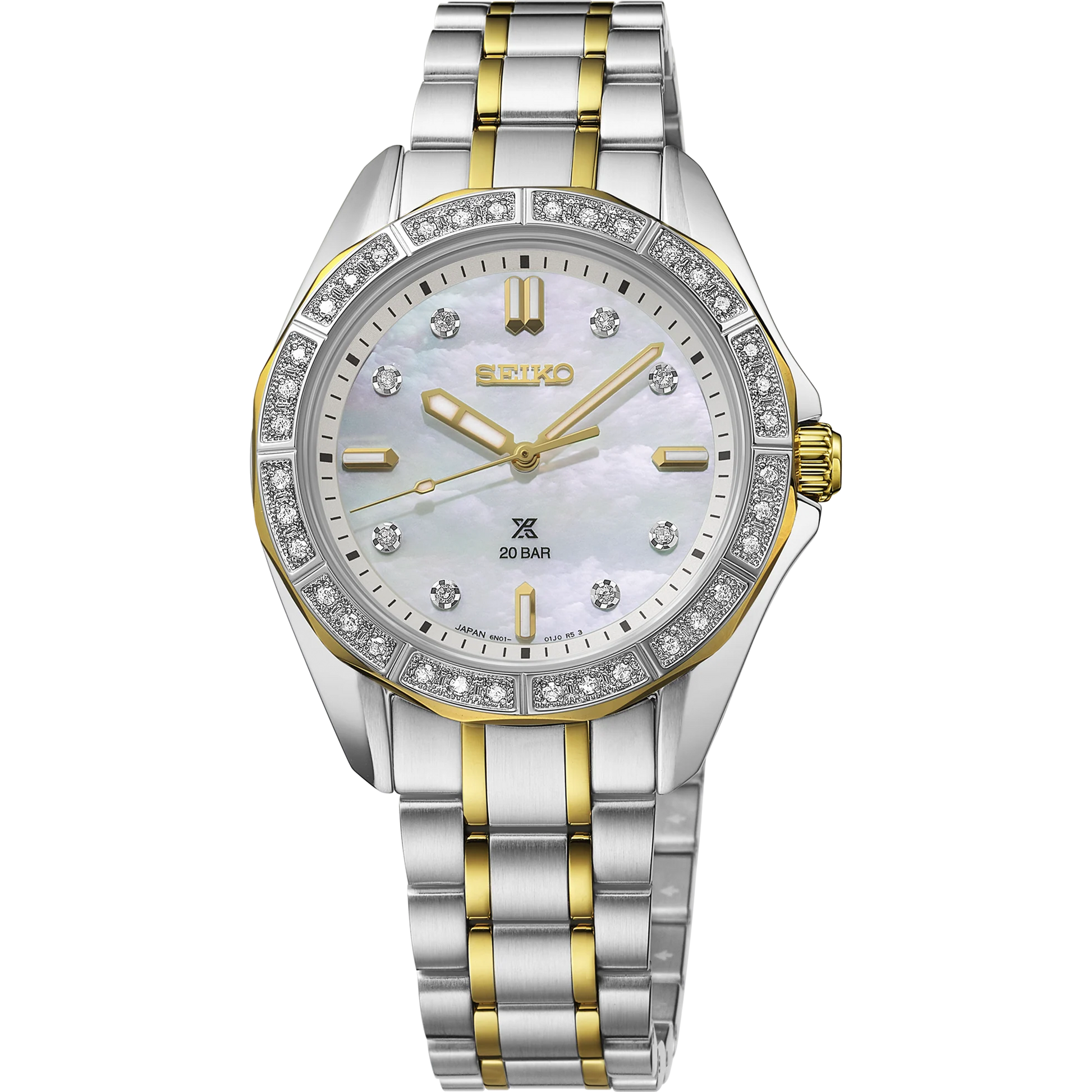Seiko Prospex Sea Series SUR622 two-tone stainless steel women’s watch featuring a mother-of-pearl dial, diamond-set bezel (36 diamonds) and 8 diamond markers, gold-tone hands, curved sapphire crystal with inner anti-reflective coating, LumiBrite accents, screwdown caseback, crown protector, and 200 m water resistance. Powered by quartz Caliber 6N22