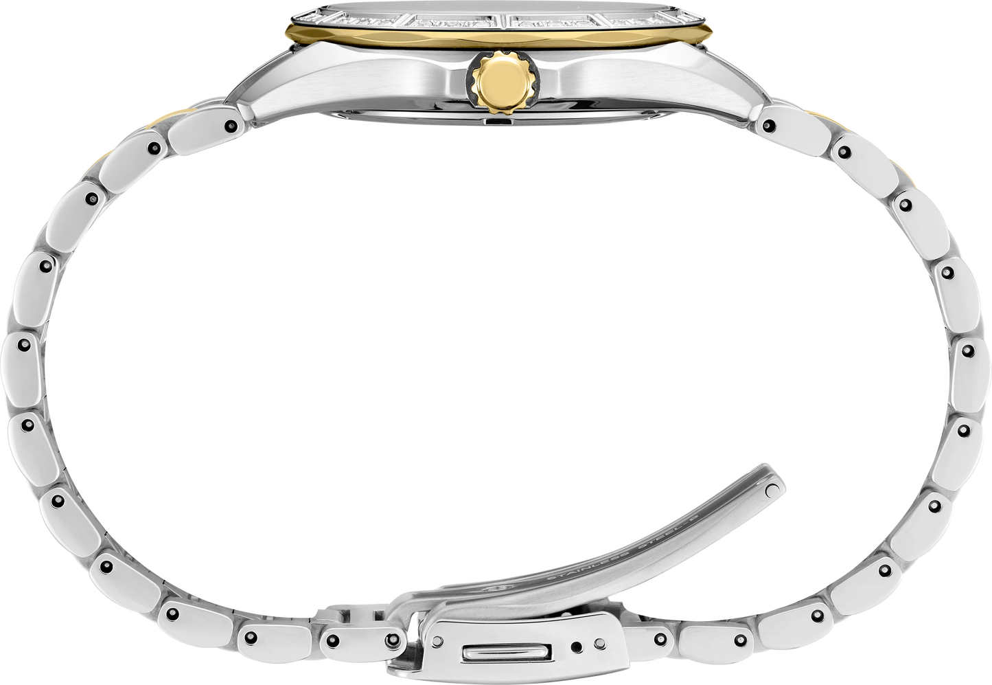 Close-up of a silver and gold watch with a white background
