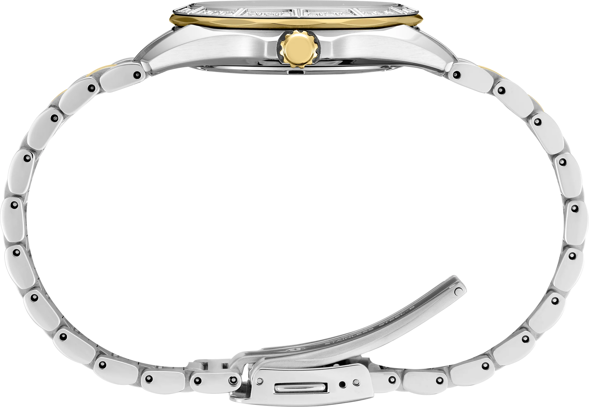 Close-up of a silver and gold watch with a white background