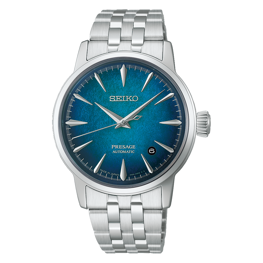Seiko Presage Cocktail Time HCB001 automatic watch with 38.5mm stainless steel case, box-shaped Hardlex crystal, deployment clasp, date display, Caliber 4R35 movement, and see-through screw case back