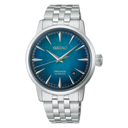 Seiko Presage Cocktail Time HCB001 automatic watch with 38.5mm stainless steel case, box-shaped Hardlex crystal, deployment clasp, date display, Caliber 4R35 movement, and see-through screw case back