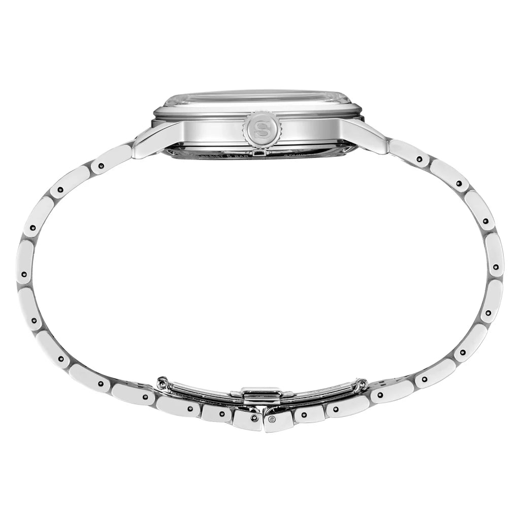 Silver stainless steel watch with a matching metal link bracelet, shown from a side profile view on a solid white background.