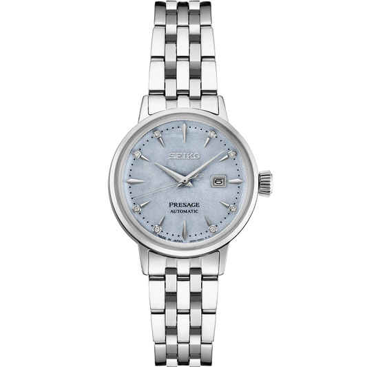 Seiko Presage SRE007 - 30.3mm Stainless Steel Cocktail Time Watch, Light Blue Dial with 8 Diamonds, 50m Water Resistance, Automatic Movement