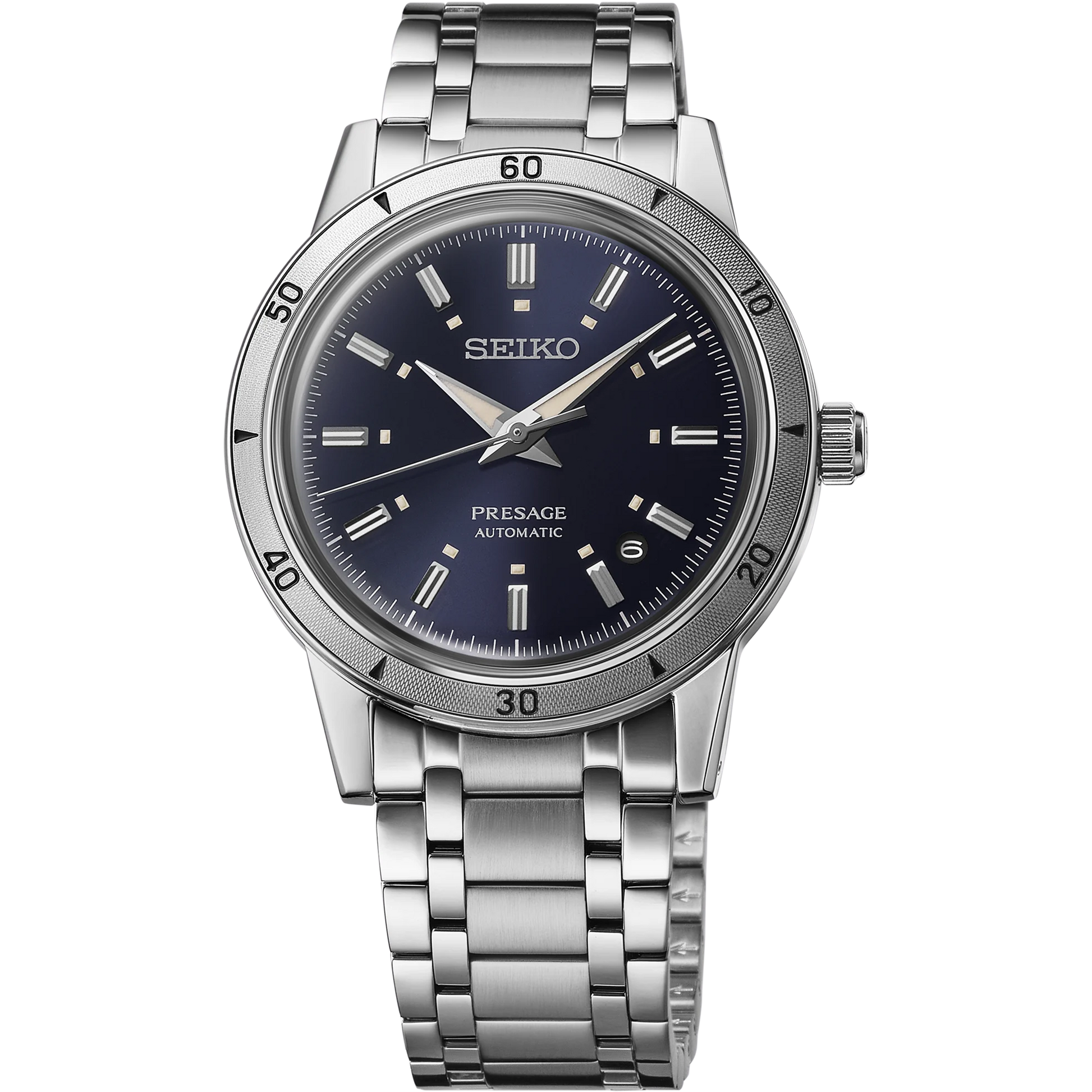 SEIKO SRPL07 from the Presage Style60’s Collection – dark blue sunray dial inspired by vintage work jackets, stainless steel case and bracelet, automatic 23-jewel movement, and 50m water resistance.