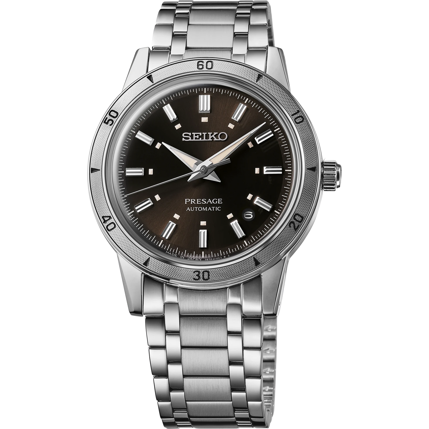 SEIKO SRPL07 from the Presage Style60’s Collection – brown sunray dial, vintage-inspired design, stainless steel bracelet, automatic 23-jewel movement, and 50m water resistance.