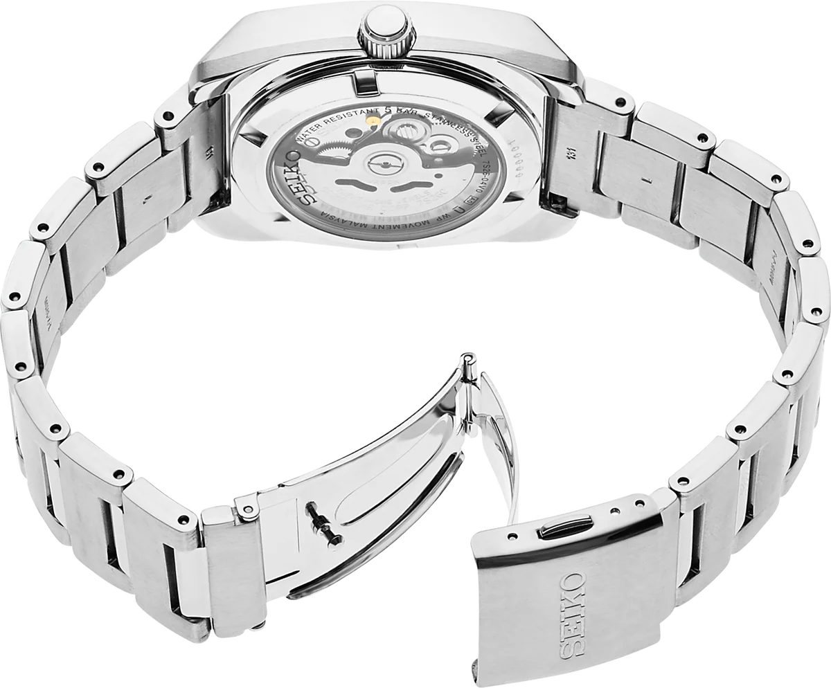 Seiko SNKP23 Recraft – blue gradient dial automatic watch with cushion-shaped stainless steel case, gold-tone accents, see-through caseback, and 41-hour power reserve.