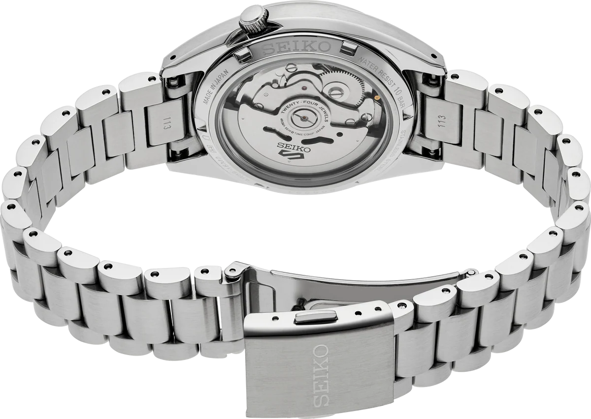 Silver Seiko watch with metal bracelet on a white background