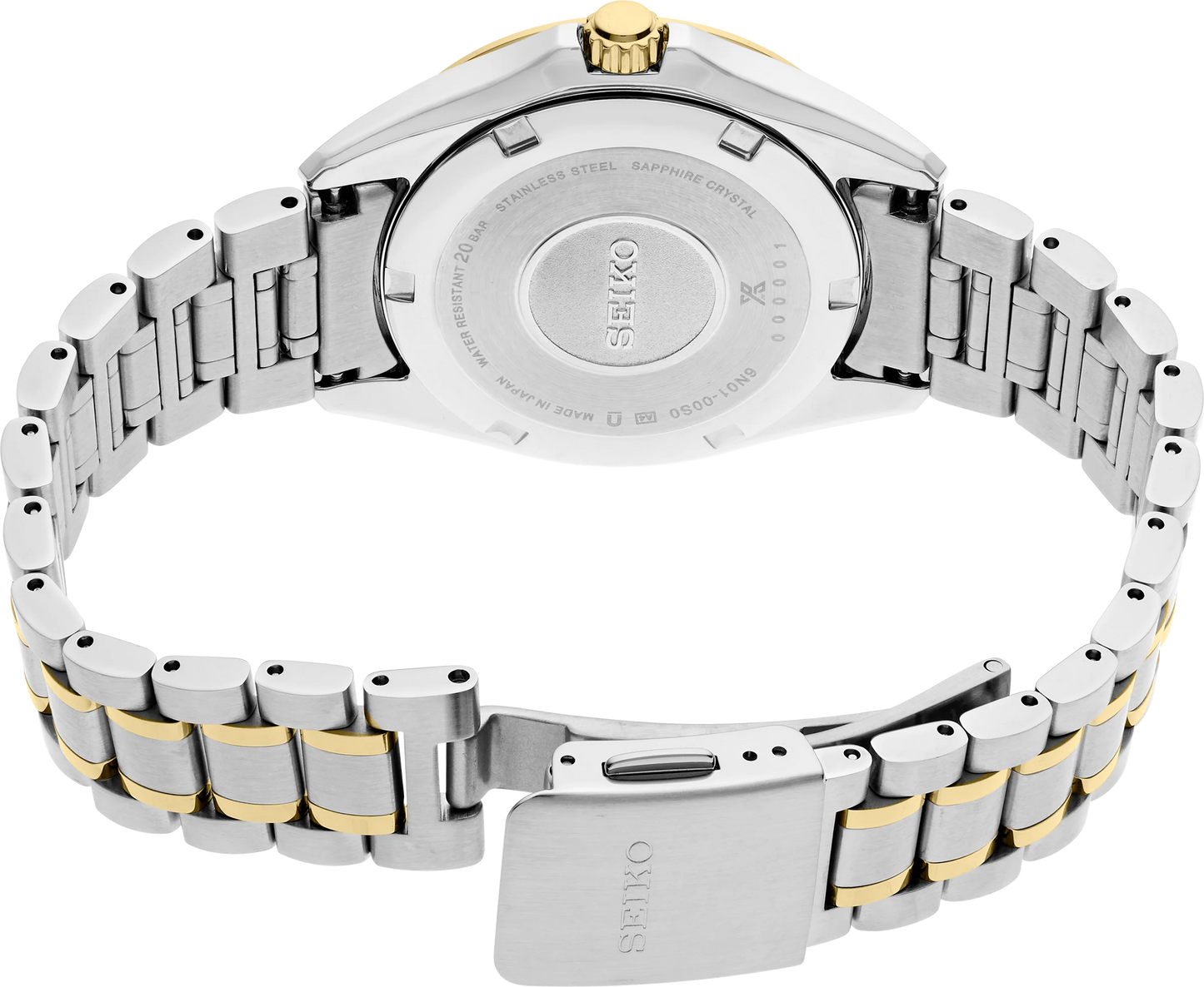 SEIKO Prospex SUR608 Sea Series – 34mm two-tone stainless steel case and bracelet, white mother-of-pearl dial with gold accents, curved sapphire crystal, quartz movement, and 200m water resistance.