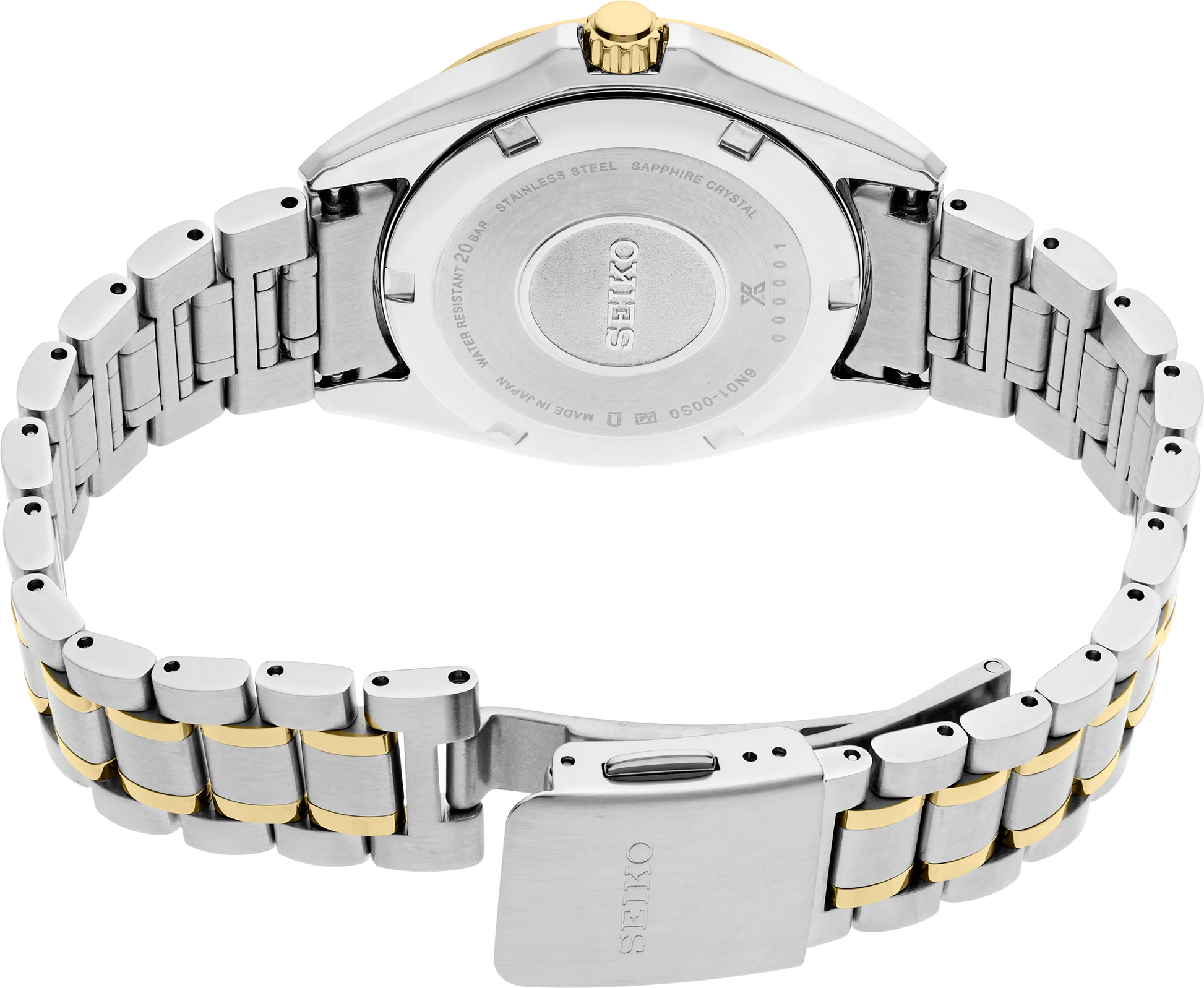 SEIKO Prospex SUR608 Sea Series – 34mm two-tone stainless steel case and bracelet, white mother-of-pearl dial with gold accents, curved sapphire crystal, quartz movement, and 200m water resistance.