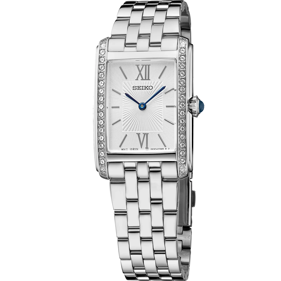 Seiko Essentials SWR091 - Rectangular Stainless Steel Watch, Silver Dial with Blue Hands, 34 Crystal Accents, Quartz Movement