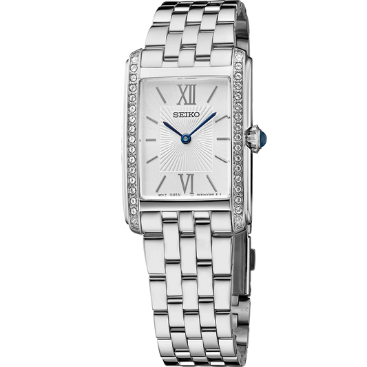 Seiko Essentials SWR091 - Rectangular Stainless Steel Watch, Silver Dial with Blue Hands, 34 Crystal Accents, Quartz Movement