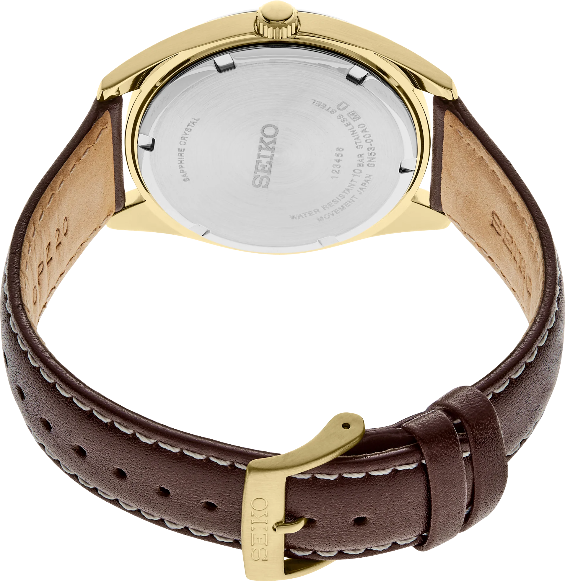 Seiko Essentials SUR450 – elegant gold-tone men’s quartz watch with champagne dial, sapphire crystal, day/date window, and brown leather strap