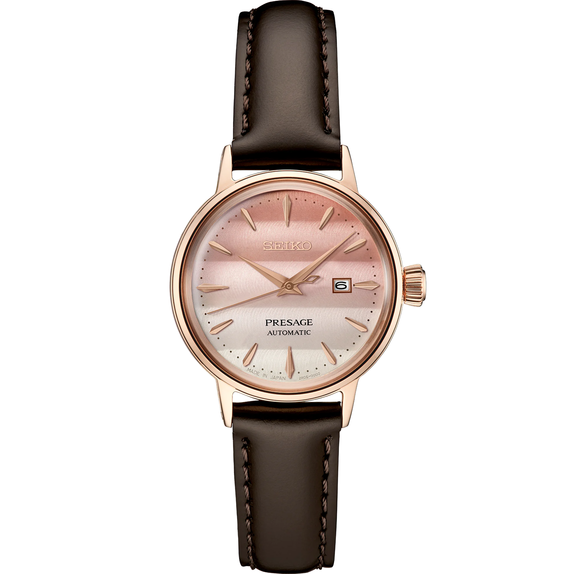 SEIKO SRE014 Presage Cocktail Time Limited Edition – pink to white gradated dial, rose gold accents, light brown leather strap, compact 30.3mm case, automatic movement, and 50m water resistance.