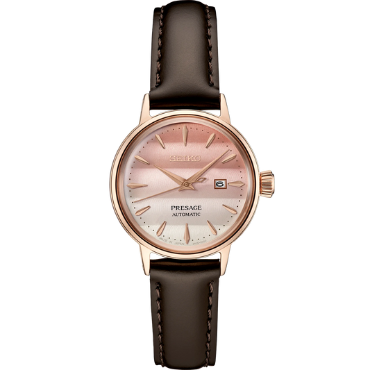 SEIKO SRE014 Presage Cocktail Time Limited Edition – pink to white gradated dial, rose gold accents, light brown leather strap, compact 30.3mm case, automatic movement, and 50m water resistance.