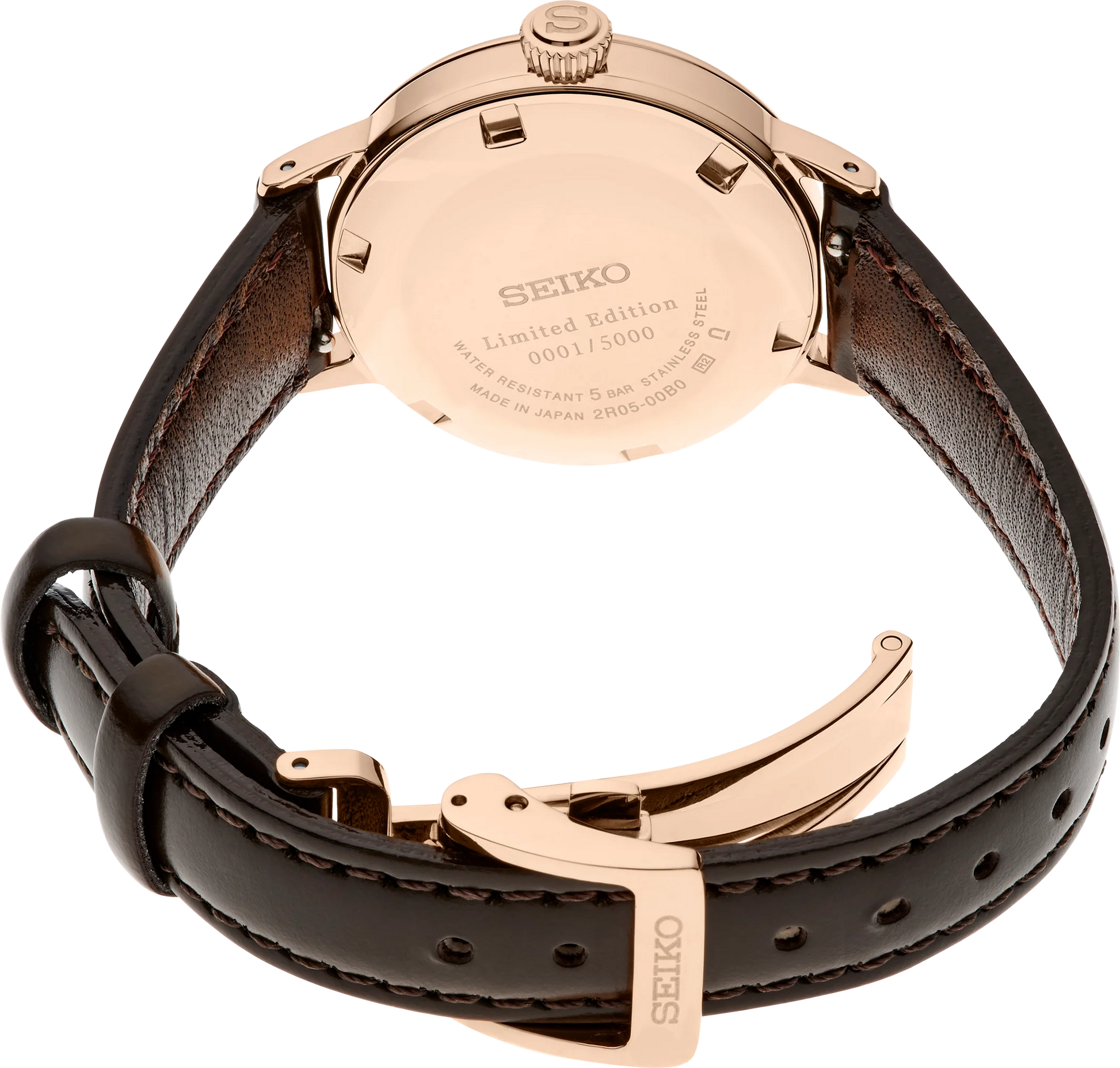 SEIKO SRE014 Presage Cocktail Time Limited Edition – pink to white gradated dial, rose gold accents, light brown leather strap, compact 30.3mm case, automatic movement, and 50m water resistance.