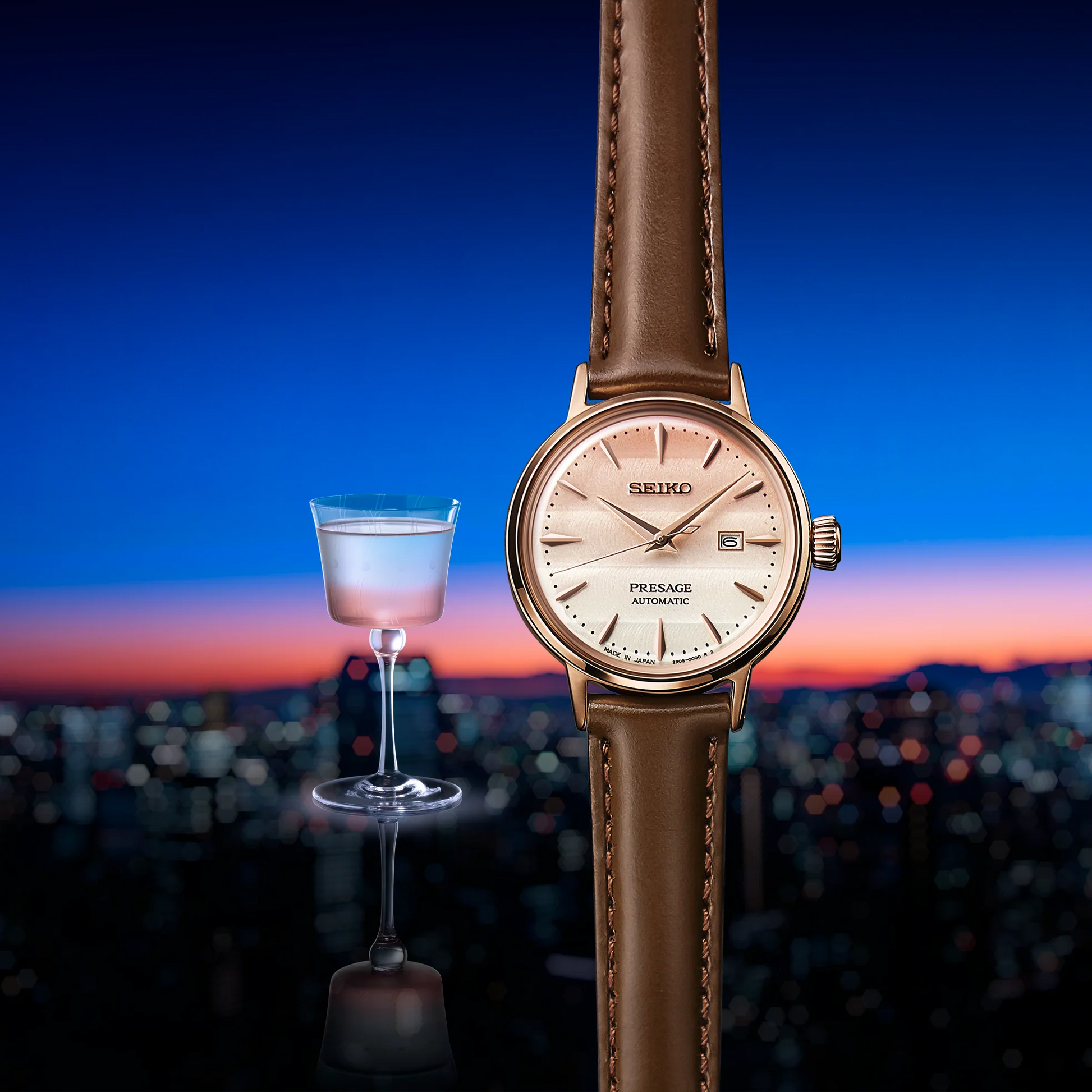 SEIKO SRE014 Presage Cocktail Time Limited Edition – pink to white gradated dial, rose gold accents, light brown leather strap, compact 30.3mm case, automatic movement, and 50m water resistance.