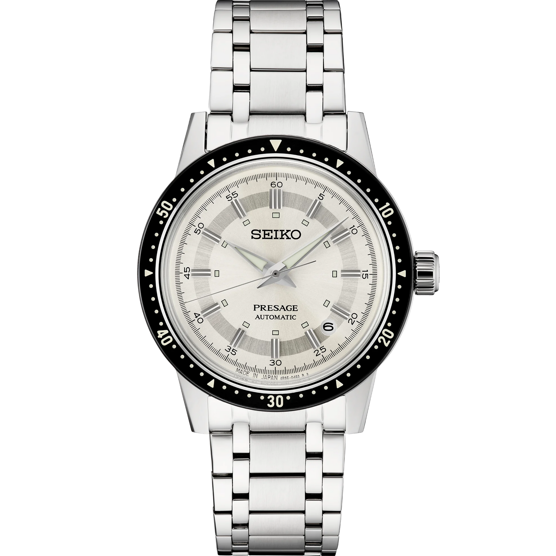 SEIKO SRPK61 Presage Style60’s 60th Anniversary Limited Edition – ivory dial, black bezel, stainless steel bracelet, automatic movement, limited to 5,000 pieces, and 50m water resistance.