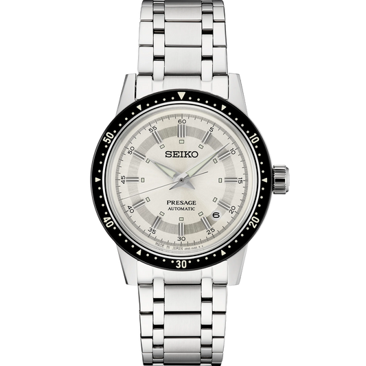 SEIKO SRPK61 Presage Style60’s 60th Anniversary Limited Edition – ivory dial, black bezel, stainless steel bracelet, automatic movement, limited to 5,000 pieces, and 50m water resistance.
