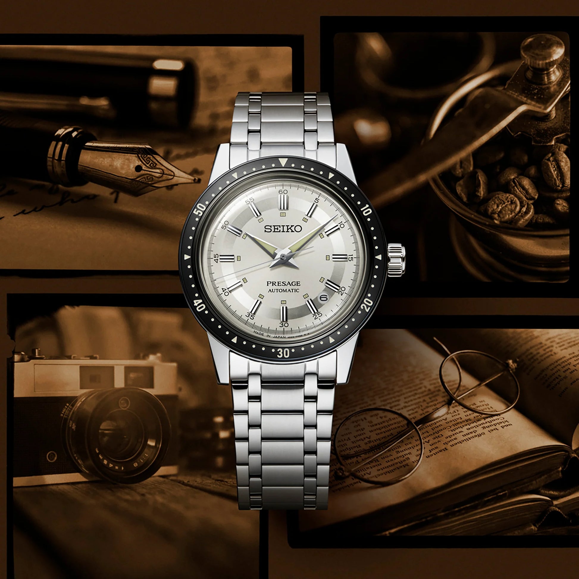 SEIKO SRPK61 Presage Style60’s 60th Anniversary Limited Edition – ivory dial, black bezel, stainless steel bracelet, automatic movement, limited to 5,000 pieces, and 50m water resistance.