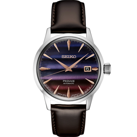 SEIKO SRPK75 Presage Cocktail Time Limited Edition – blue gradated dial with horizontal pattern, rose gold accents, brown leather strap, automatic movement, and 50m water resistance.
