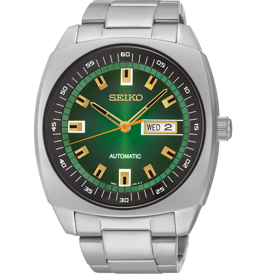 Seiko SNKM97 – bold retro-style automatic watch from the Recraft Series with green sunray dial, gold-tone accents, cushion-shaped stainless steel case, and see-through caseback.
