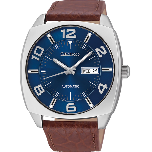 Seiko SNKN37 Recraft – bold blue dial automatic watch with retro cushion-shaped case, brown leather strap, luminous markers, see-through caseback, and 41-hour power reserve.