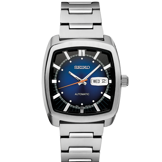 Seiko SNKP23 Recraft – blue gradient dial automatic watch with cushion-shaped stainless steel case, gold-tone accents, see-through caseback, and 41-hour power reserve.