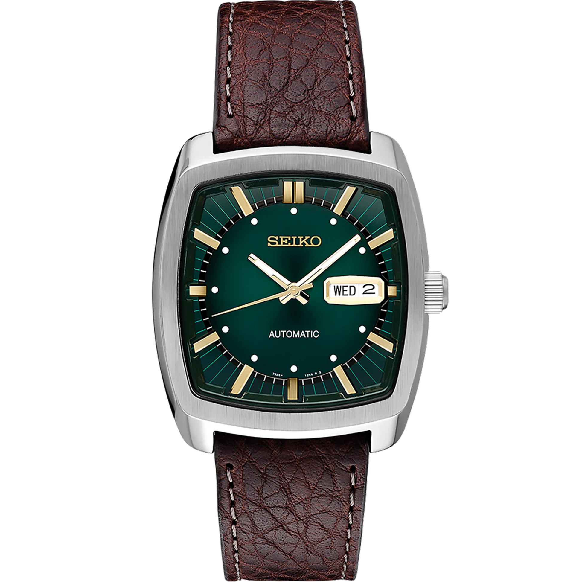 Seiko SNKP27 Recraft – retro cushion-shaped automatic watch with teal green dial, gold-tone markers, brown leather strap, see-through caseback, and 41-hour power reserve.