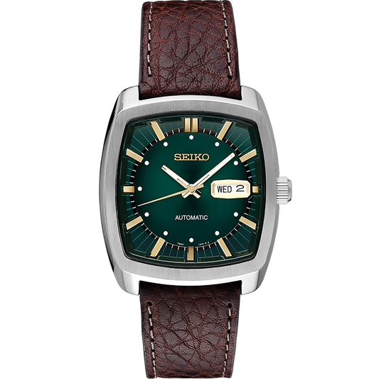 Seiko SNKP27 Recraft – retro cushion-shaped automatic watch with teal green dial, gold-tone markers, brown leather strap, see-through caseback, and 41-hour power reserve.
