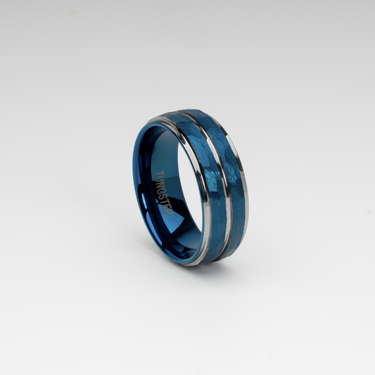 8mm Blue Tungsten Carbide Ring with Hammered Finish, Dual Silver Groove Inlay, Polished Edges, Comfort Fit