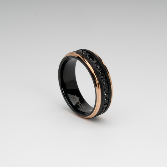 8mm Black Tungsten Carbide Ring with Black Cubic Zirconia Inlay, Polished Finish, Rose Gold Edges, Comfort Fit