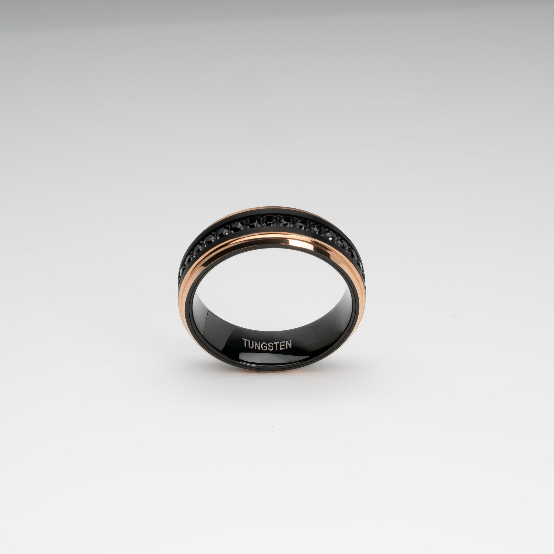 8mm Black Tungsten Carbide Ring with Black Cubic Zirconia Inlay, Polished Finish, Rose Gold Edges, Comfort Fit