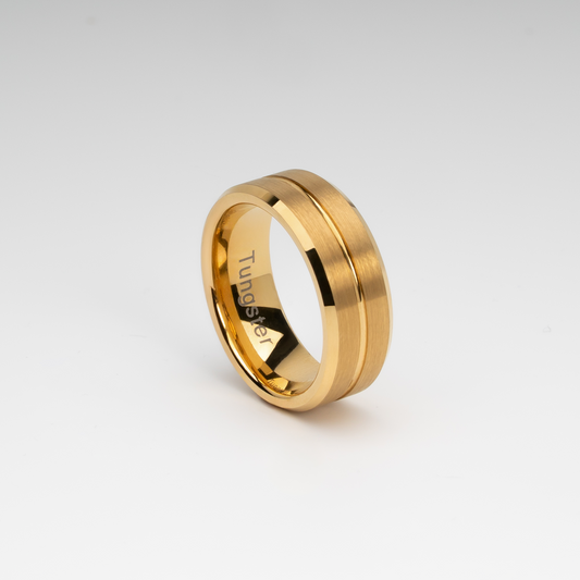 8mm Gold Tungsten Carbide Ring with Brushed Finish, Dual Groove Inlay, Polished Edges, Comfort Fit