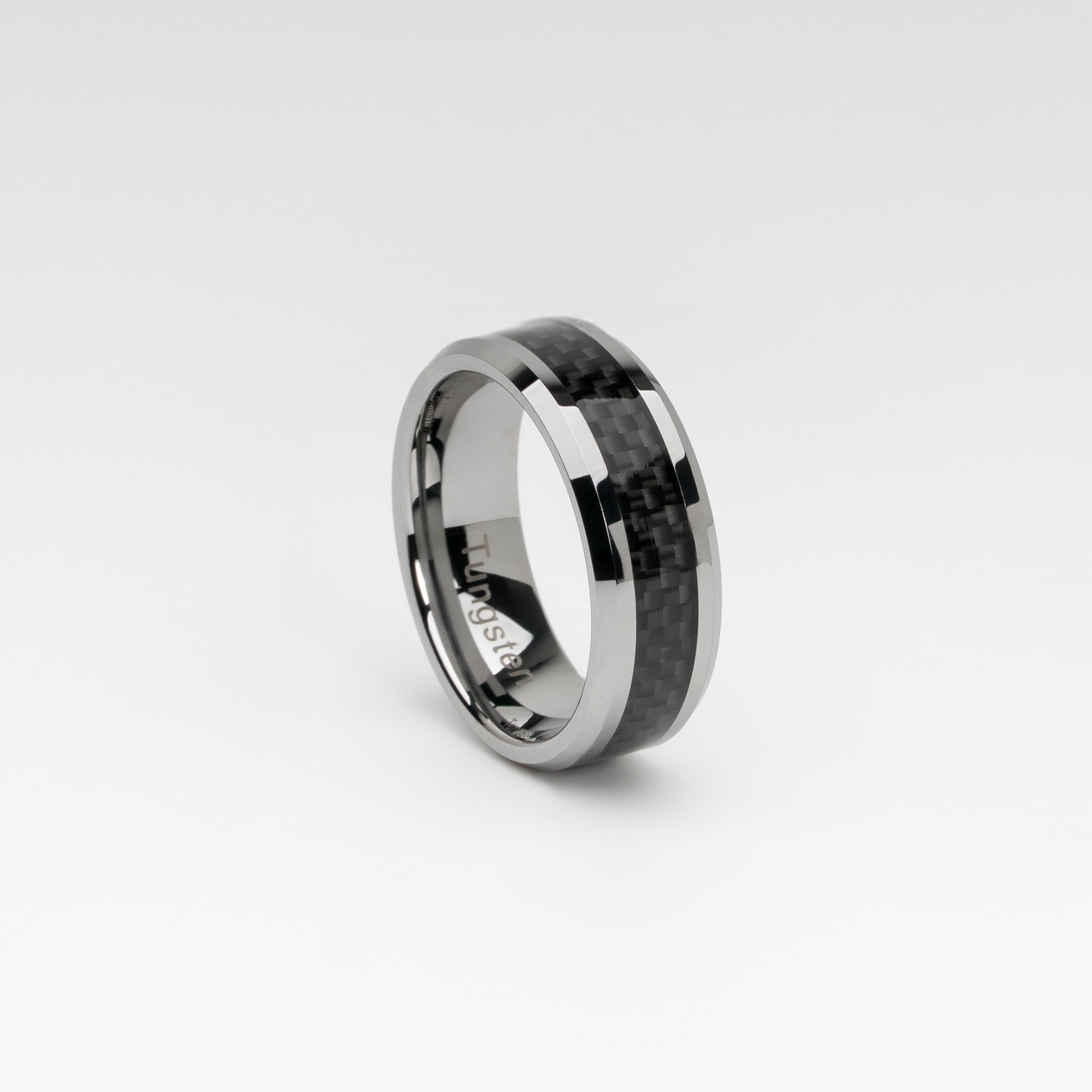 Tungsten Carbide Ring with Black Carbon Fiber Inlay – Polished Finish, Comfort Fit, Modern and Durable Men's Wedding or Fashion Band
