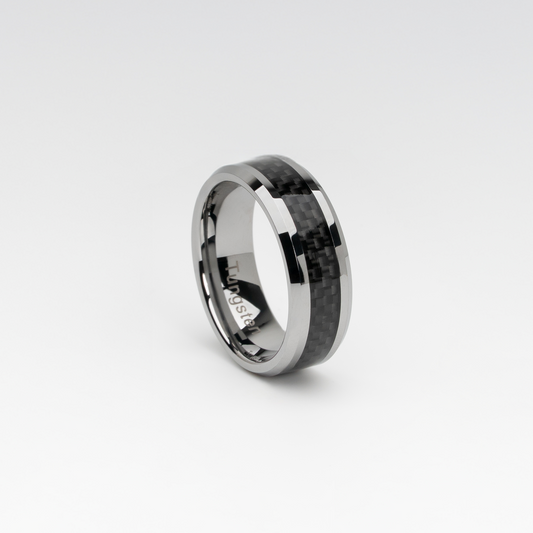 Tungsten Carbide Ring with Black Carbon Fiber Inlay – Polished Finish, Comfort Fit, Modern and Durable Men's Wedding or Fashion Band