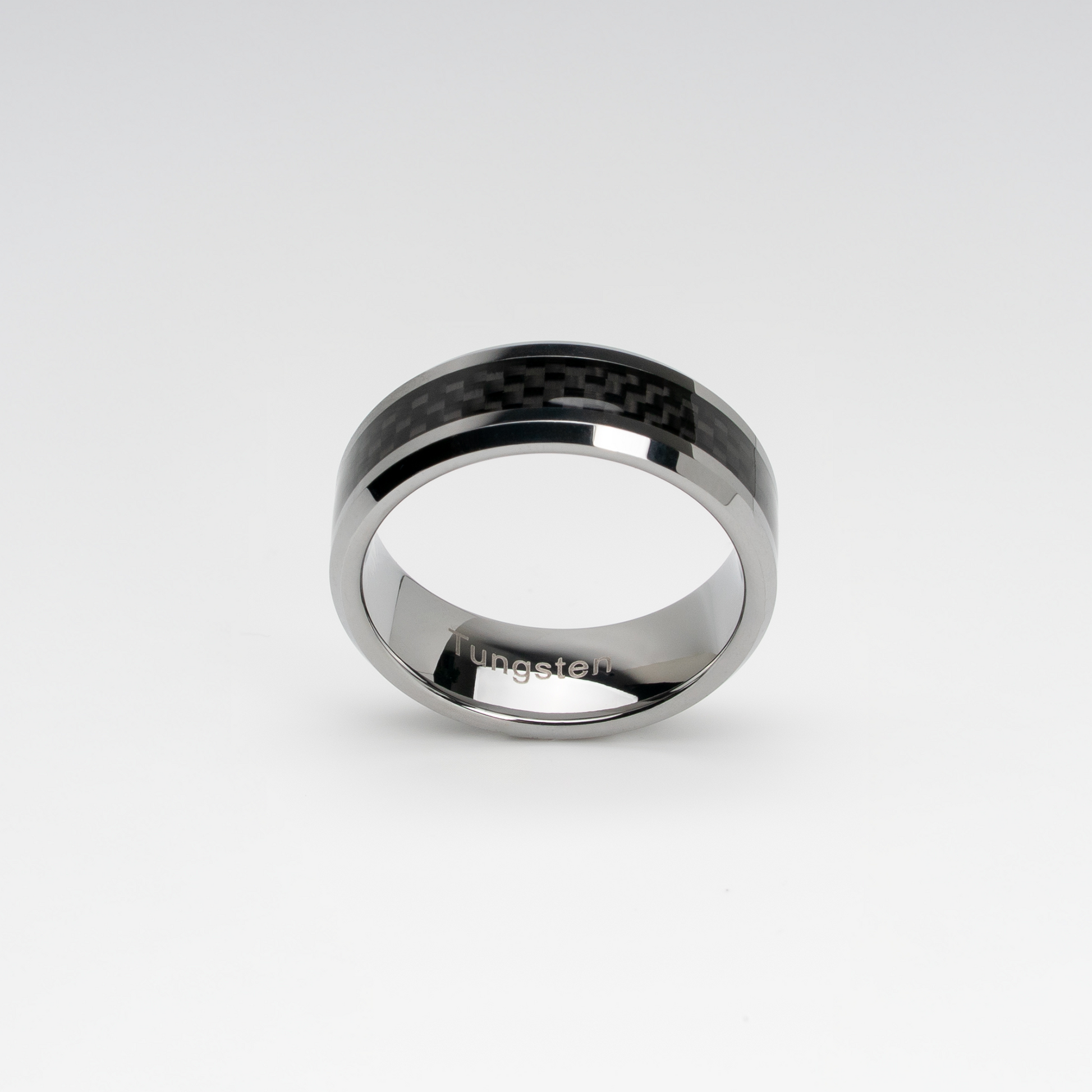 Tungsten Carbide Ring with Black Carbon Fiber Inlay – Polished Finish, Comfort Fit, Modern and Durable Men's Wedding or Fashion Band